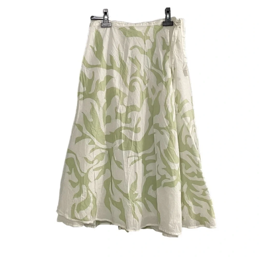 Cotton Floral Print Midi Wrap Skirt White Green S/M